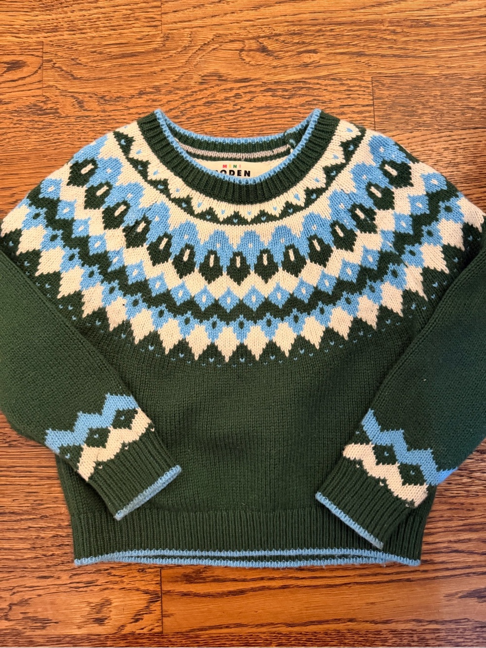 Mini Boden Green Fair Isle Crewneck Sweater with Blue and Cream Pattern